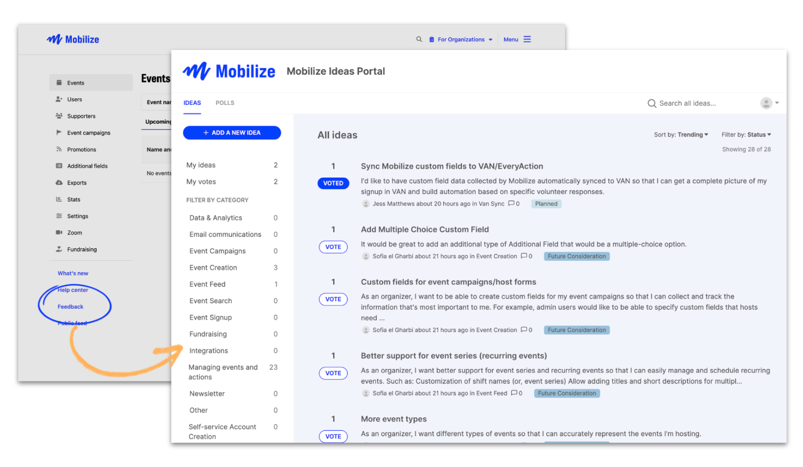 Two screenshots of the Mobilize Ideas Portal